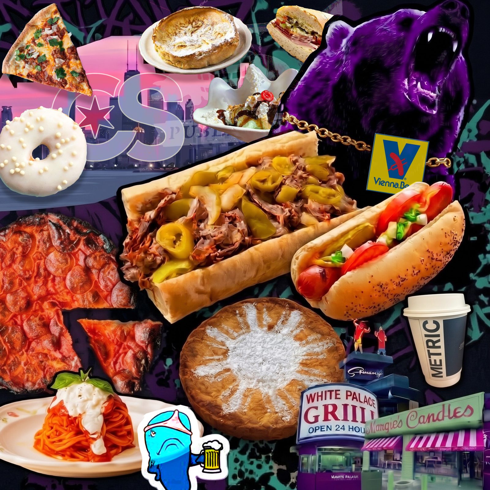 An editorial collage of Chicago foods and icons from The Bear: Italian beef, deep dish, a Chicago hot dog, Malort-blue mascot, and a growling purple bear